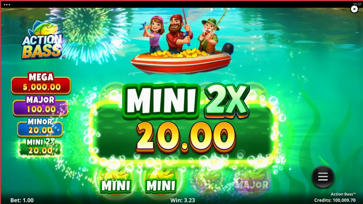 Interface do slot Action Bass com tema de pesca